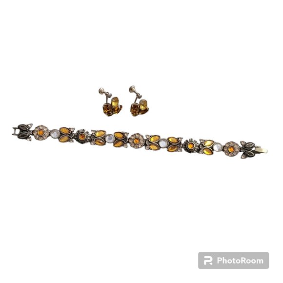 Vintage Heirloom Golden Sunflower Gemstone Bracelet and Screw-back Earrings Set - Picture 3 of 7